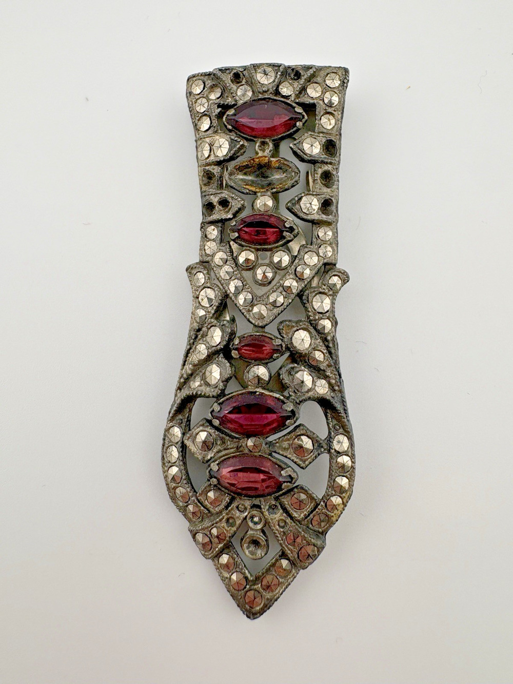 Art Deco Paste Red rhinestone Hematite vintage dress clip 3” Long